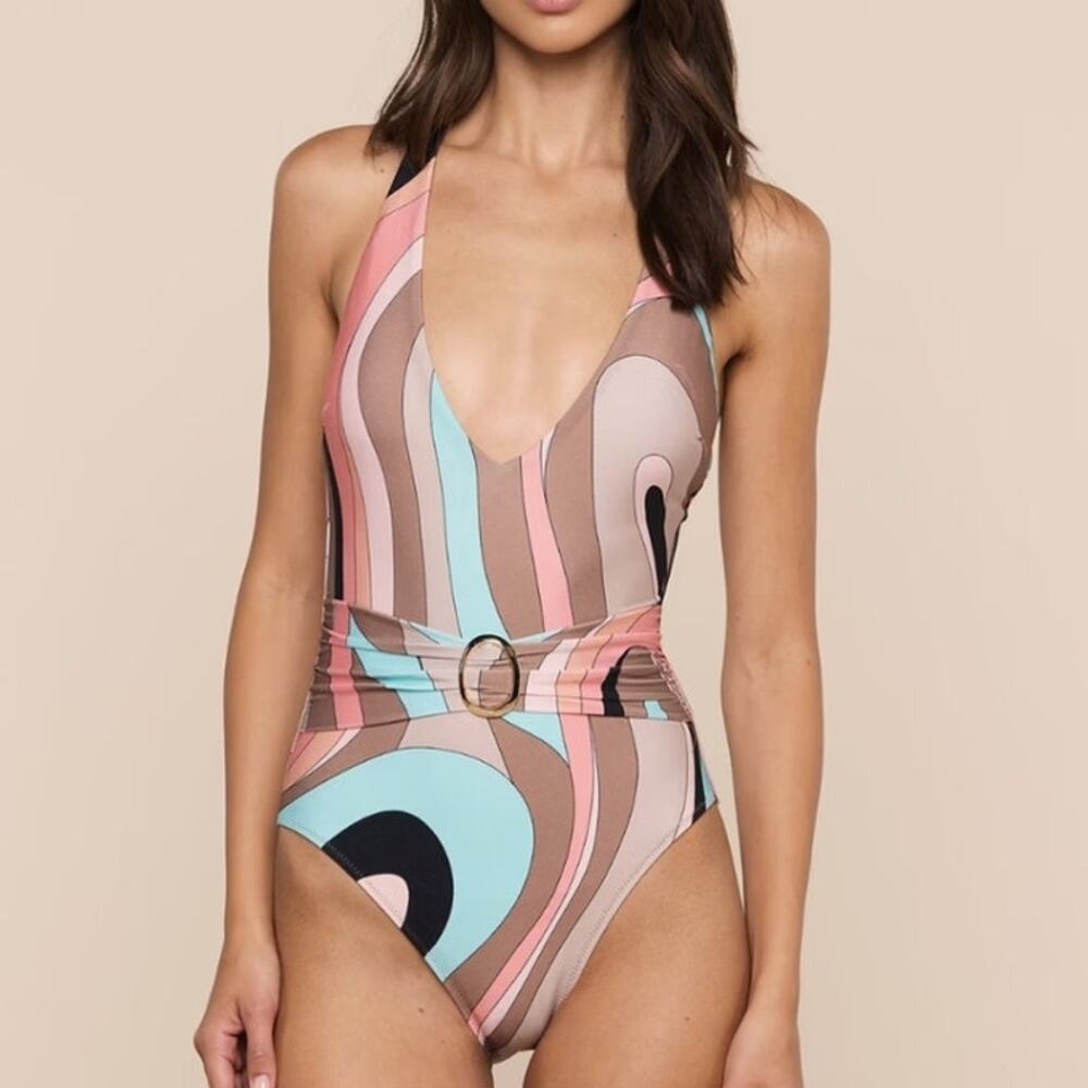 L'Agence Lisa Plunge One Piece Swimsuit Multi Abstract Swirl S NWT